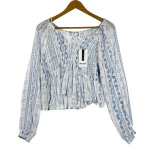 NWT True Craft Blouse Womens XL Blue Boho Cottagecore Geometric Peplum Peasant